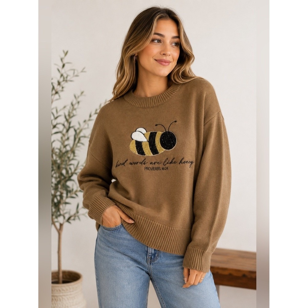 Love in Faith Sweater Womens Small Toast Brown Bee Kind Words Proverbs 16:24 NWT